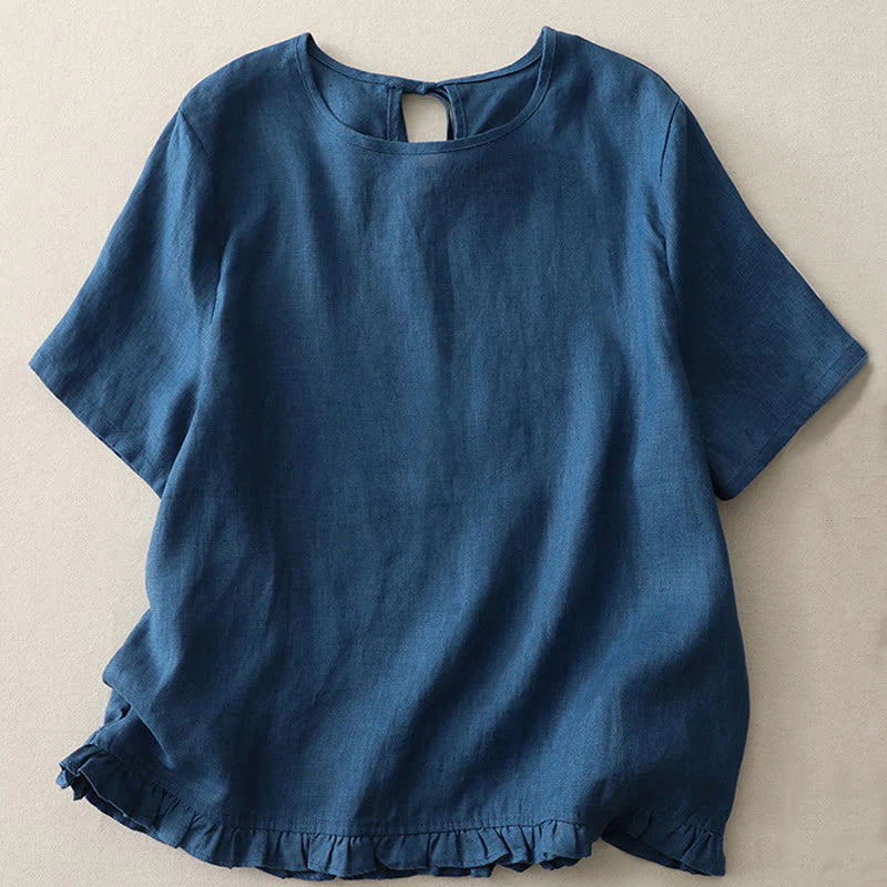Buddha Stones Casual Plain Ruffled Hem Crew Neck Tie Women's Polyester T-shirt