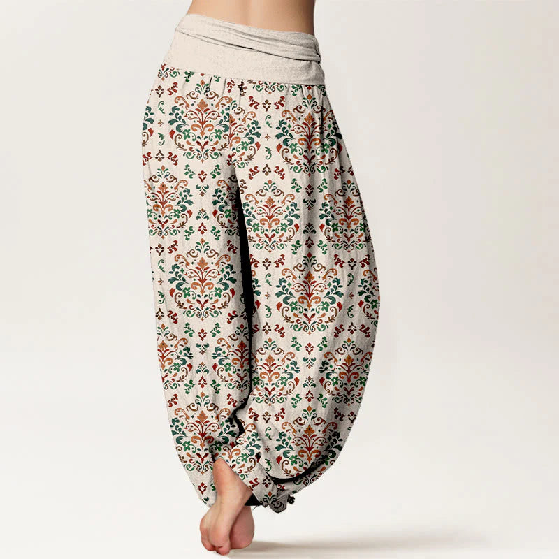Buddha Stones Pure Cotton Retro Symmetrical Flower Leaf Pattern Women's Elastic Waist Harem Pants