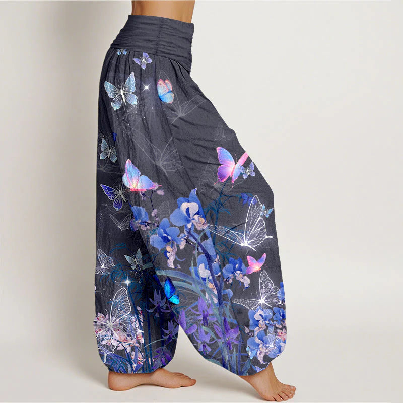 Buddha Stones Pure Cotton Dreamlike Butterfly Flower Grass Bamboo Pattern Women's Elastic Waist Harem Pants