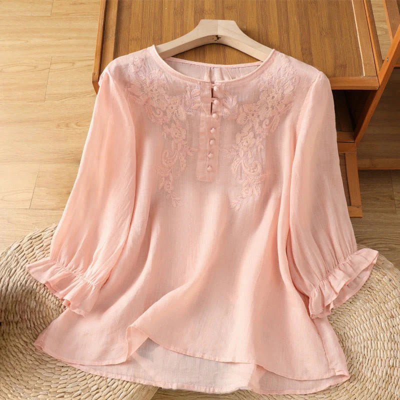 Buddha Stones Flower Vines Embroidery Button Crew Neck Three Quarter Sleeve Women's Cotton Shirt