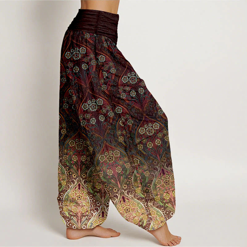Buddha Stones Pure Cotton Retro Flower Pattern Women's Elastic Waist Harem Pants