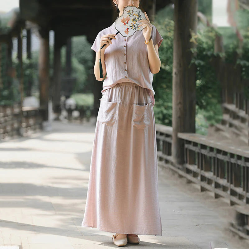 Buddha Stones 2Pcs Buttons Short Sleeve Shirt Top Skirt With Pockets Meditation Cotton Women's Set
