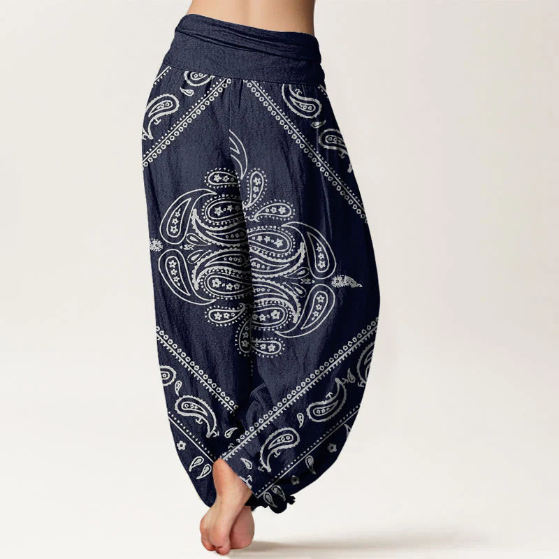 Buddha Stones Cotton Casual Floral Leaf Paisley Pattern Women's Elastic Waist Harem Pants