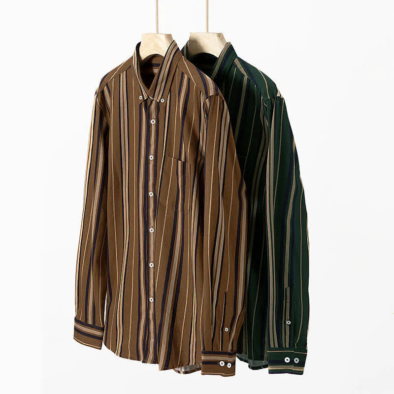 Buddha Stones Retro Color Blocked Stripes Long Sleeve Button Men's Cotton Shirts With Pocket
