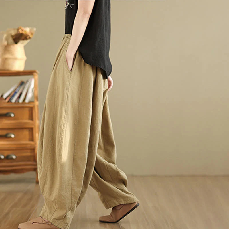 Buddha Stones Vintage Patchwork Lantern Design Cotton Linen Women's Wide Leg Pants With Pockets