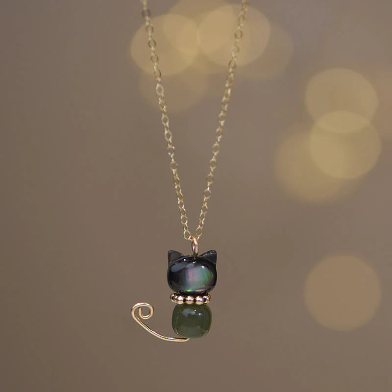 Buddha Stones 14K Gold Plated Pearl Hetian Jade Shell Luck Cat Kitten Necklace Pendant