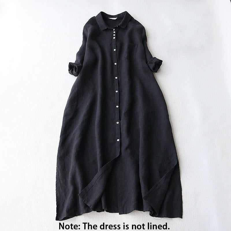 Buddha Stones Buttons Design Lapel Three Quarter Sleeve Midi Dress With Pockets