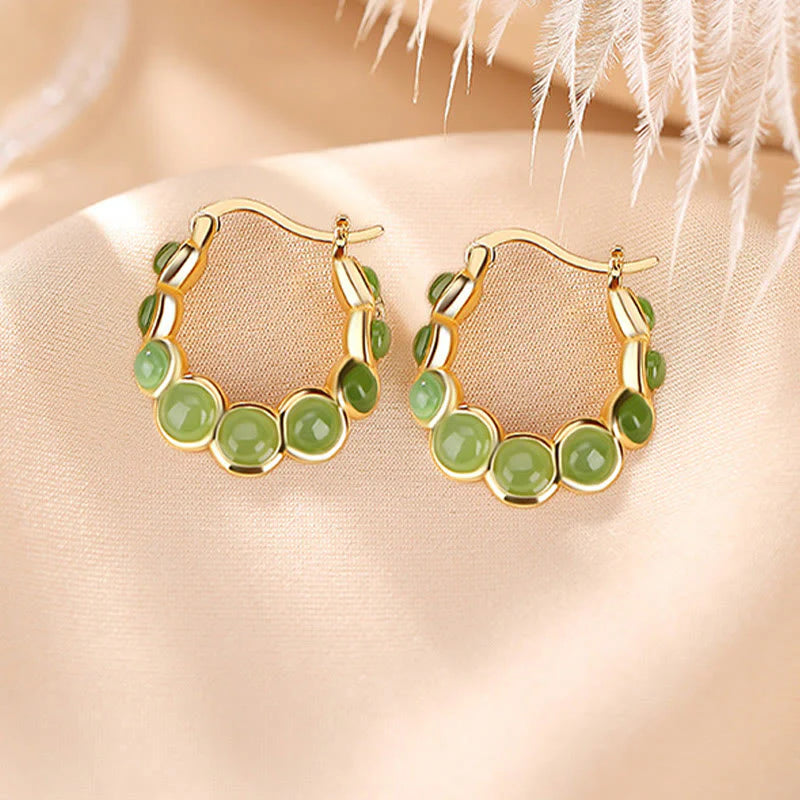 Buddha Stones 925 Sterling Silver Plated Gold Hetian Cyan Jade Pea Ear Clip Prosperity Earrings  (Extra 30% Off | USE CODE: FS30)