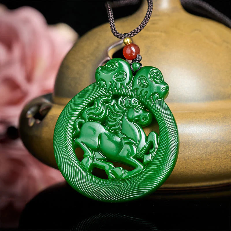 Buddha Stones Year Of The Horse Jade Prosperity Hollow Necklace Pendants