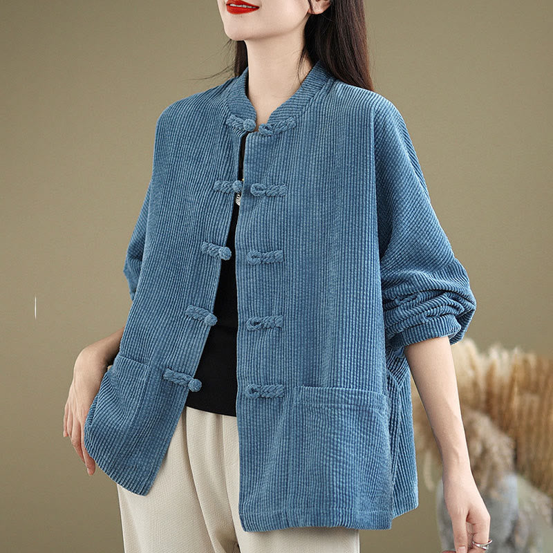 Buddha Stones Frog-button Stand Collar Women's Corduroy Jacket