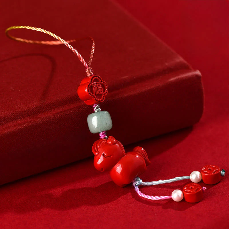 Buddha Stones Year of the Horse Natural Cinnabar Fu Character Blessing Phone Hanging Decoration