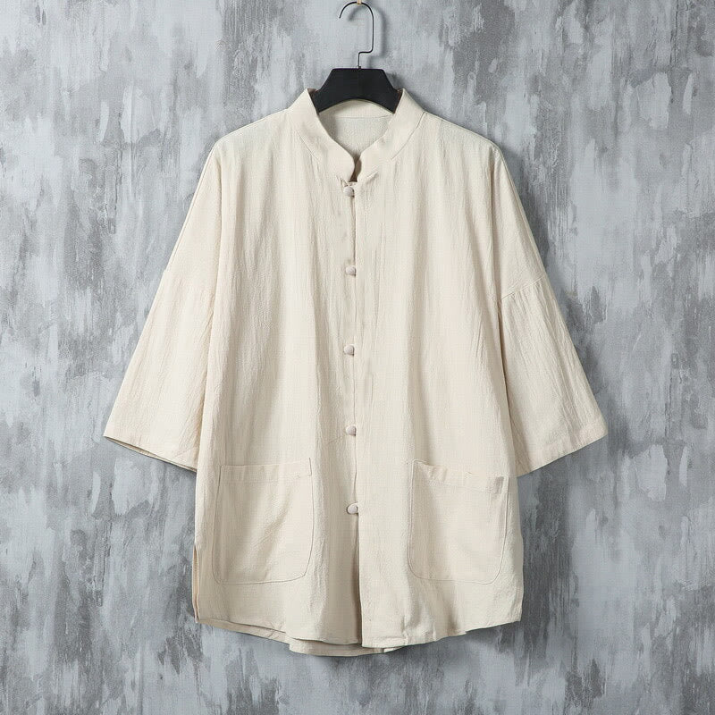 Buddha Stones Summer Solid Color Tang Suit Design Men's Half Sleeve Linen Shirt With Pockets