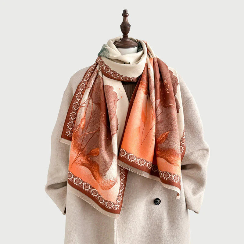 Buddha Stones Winter Ink Painting Lotus Flowers Leaves Pattern Soft Scarf Shawl