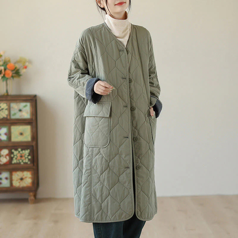 Buddha Stones Plain Buttons Women's Cotton Padded Coat With Pockets