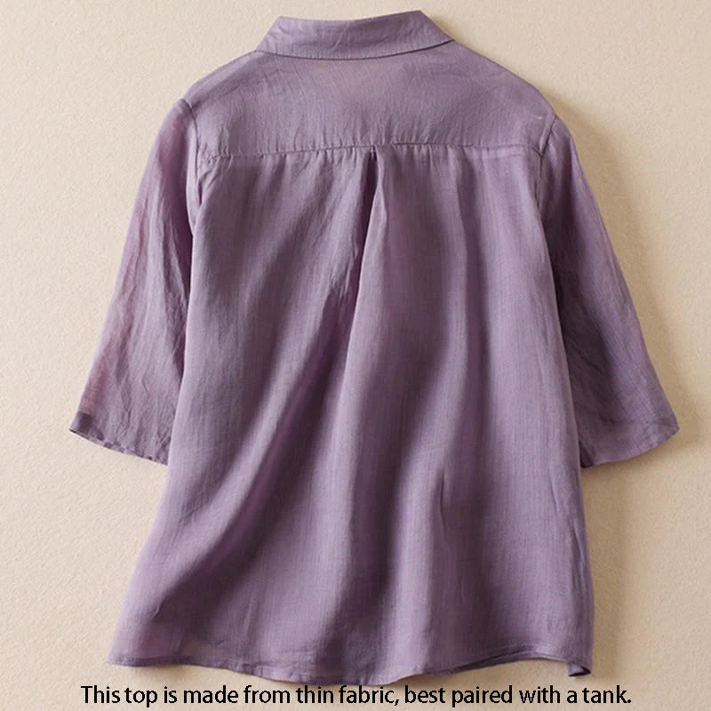 Buddha Stones Retro Plain Fake Two Pieces Button Half Sleeve Design Women's Cotton Linen Shirt