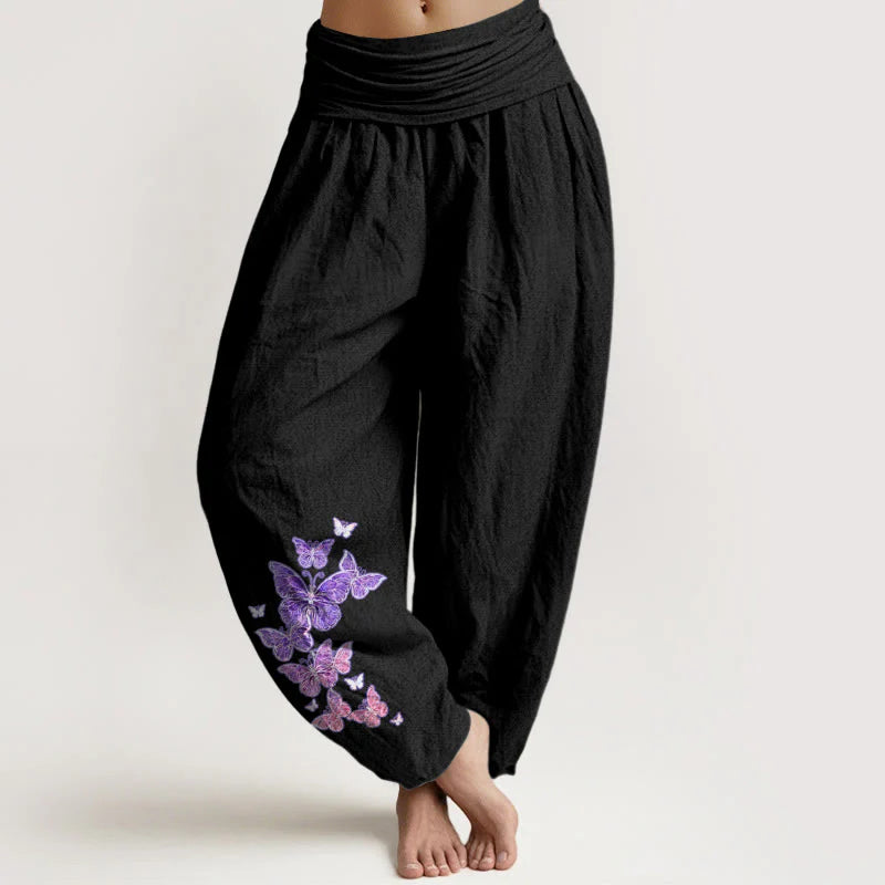 Buddha Stones Pure Cotton Pastel Butterfly Pattern Women's Elastic Waist Harem Pants