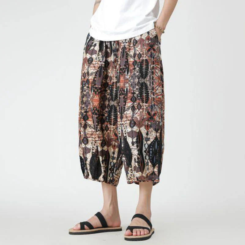 Buddha Stones Summer Square Patchwork Elephant Mandala Geometry Cotton Linen Men's 7-8 Length Pants With Pockets