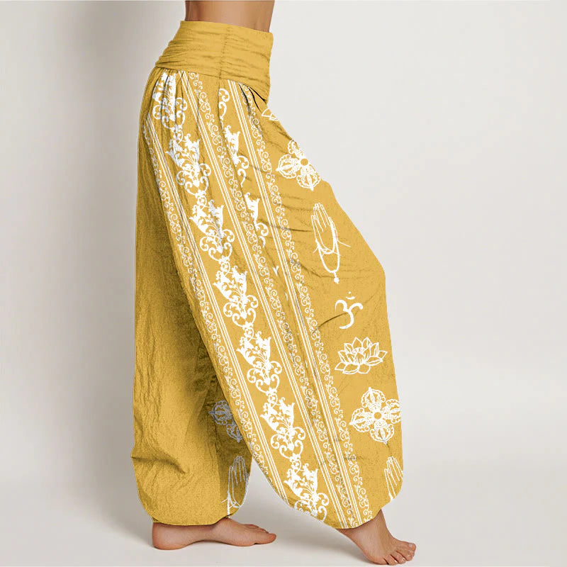 Buddha Stones Pure Cotton Lotus Flowers Double Dorje Vajra Namaste Om Design Women's Elastic Waist Harem Pants