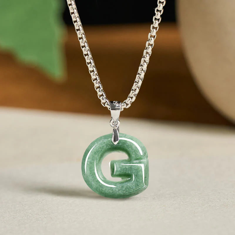 Buddha Stones Natural A-Z Letter Jade Titanium Steel Wide Chain Prosperity Necklace Pendant