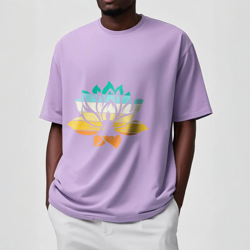 Buddha Stones Gradient-colored Lotus Flower Buddha Meditation Cotton Tee T-shirt