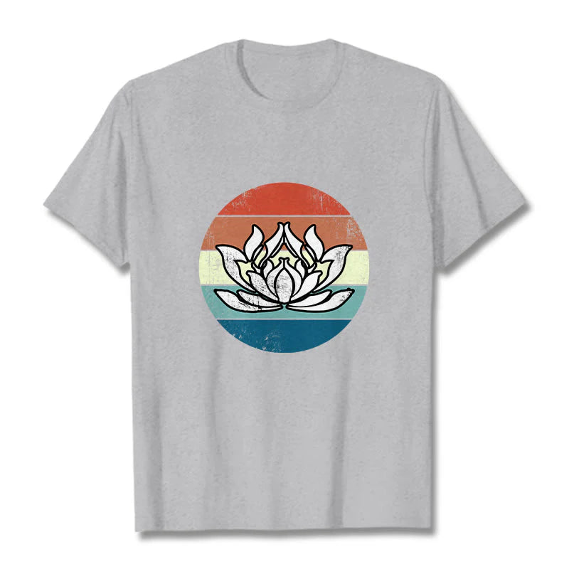 Buddha Stones Blooming Lotus Colorful Striped Pattern Cotton Tee T-shirt