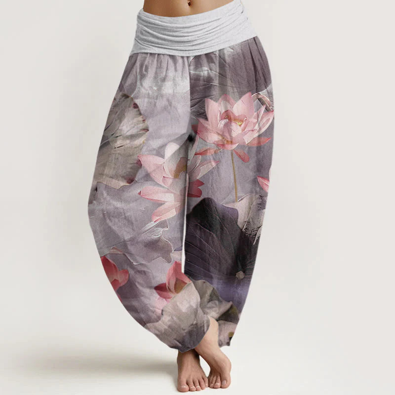 Buddha Stones Cotton Casual Lotus Petal Pond Pattern Women's Elastic Waist Harem Pants