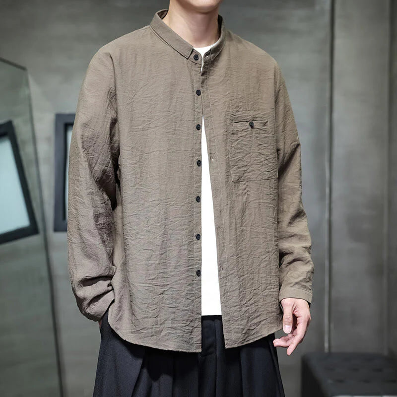 Buddha Stones Spring Men's Solid Color Buttons Design Long Sleeve Shirt