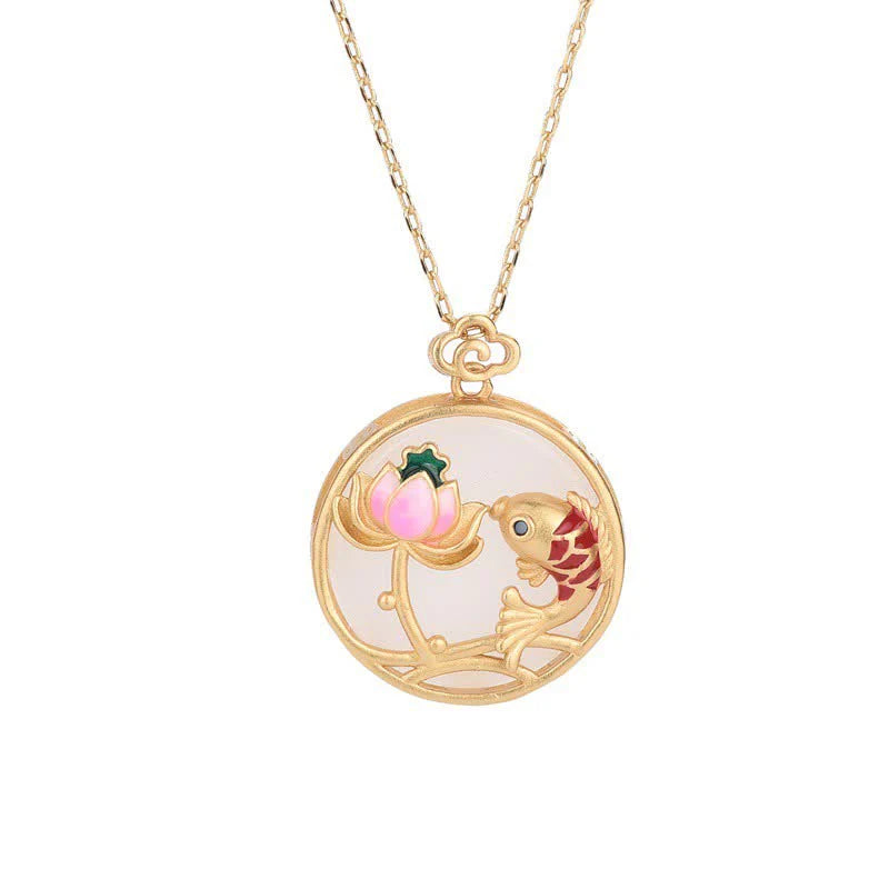 Buddha Stones White Jade Koi Fish Lotus Blessing Necklace Pendant