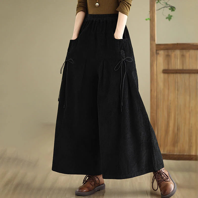Buddha Stones Women's Pure Color Drawstring Design Wide Leg Corduroy Pants With Pockets