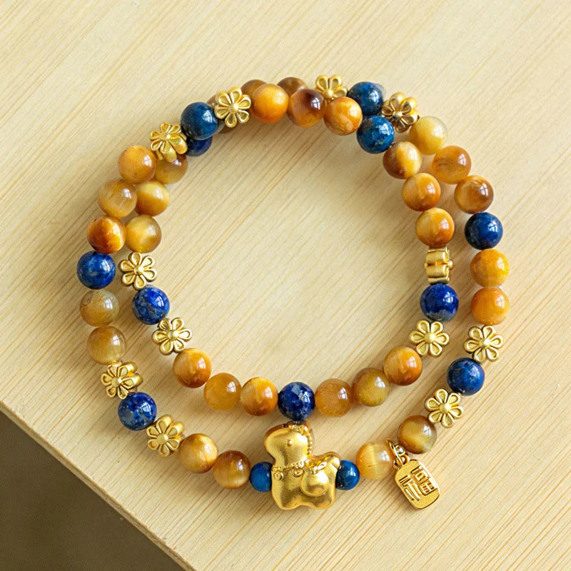 Buddha Stones Year Of The Horse Fu Character Lazurite Lapis Lazuli Tiger Eye Serenity Double Wrap Bracelet