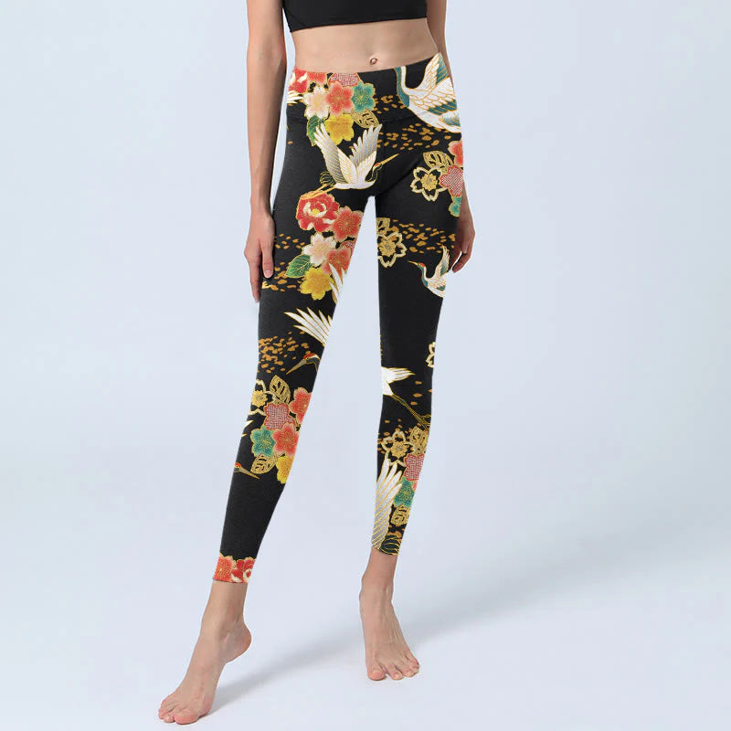 Buddha Stones Red-Crowned Cranes Colorful Floral Pattern Print Gym Leggings Women's Yoga Pants