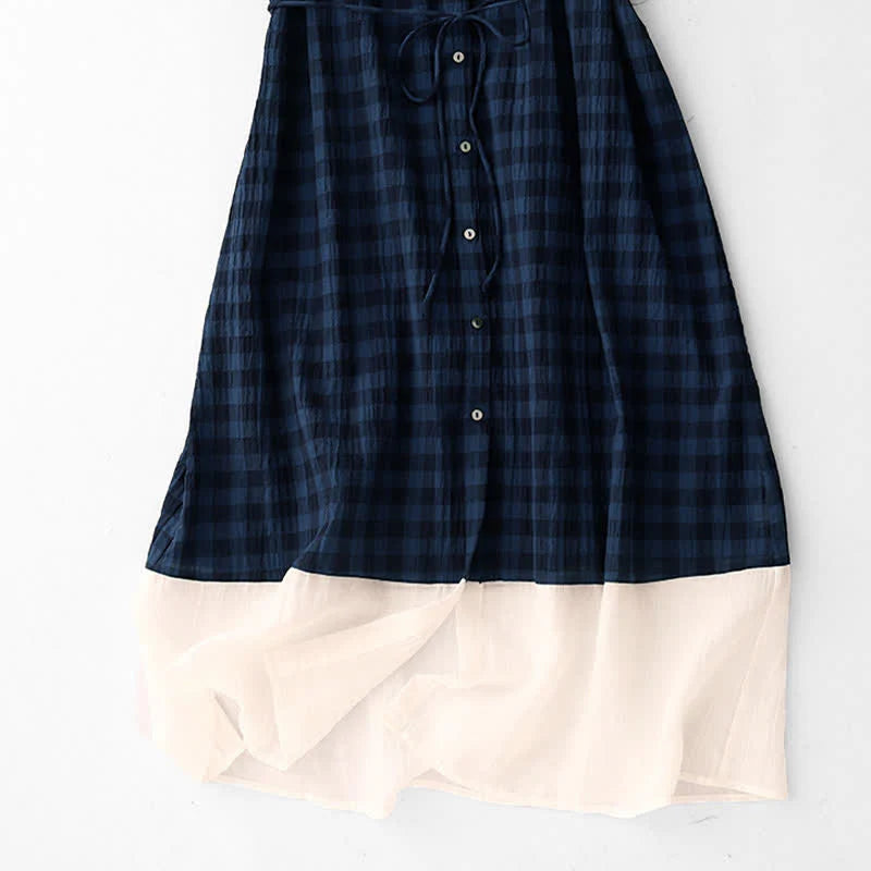 Buddha Stones Spring Gingham Knee Length Women's Short Sleeve Dress With Tie Waist Chiffon Hem