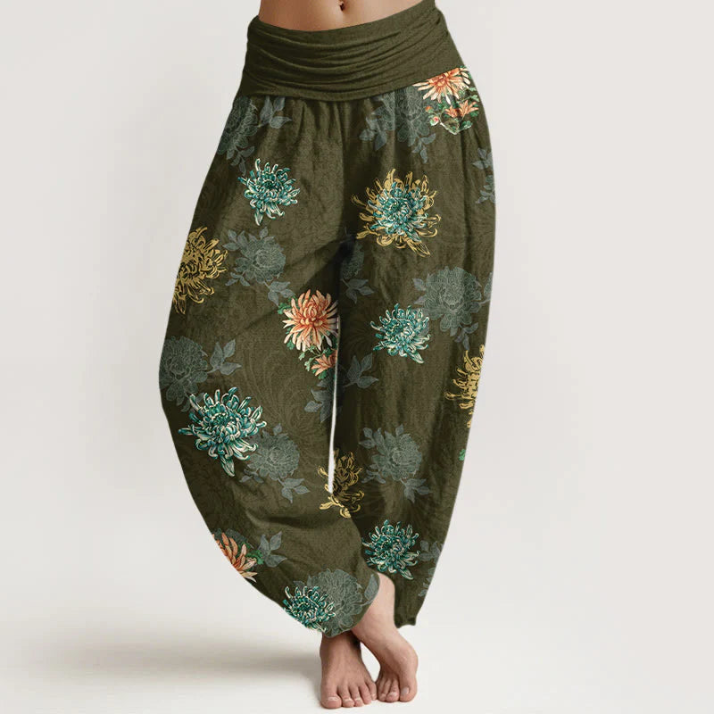 Buddha Stones Cotton Various Colors Chrysanthemum Pattern Women's Elastic Waist Harem Pants