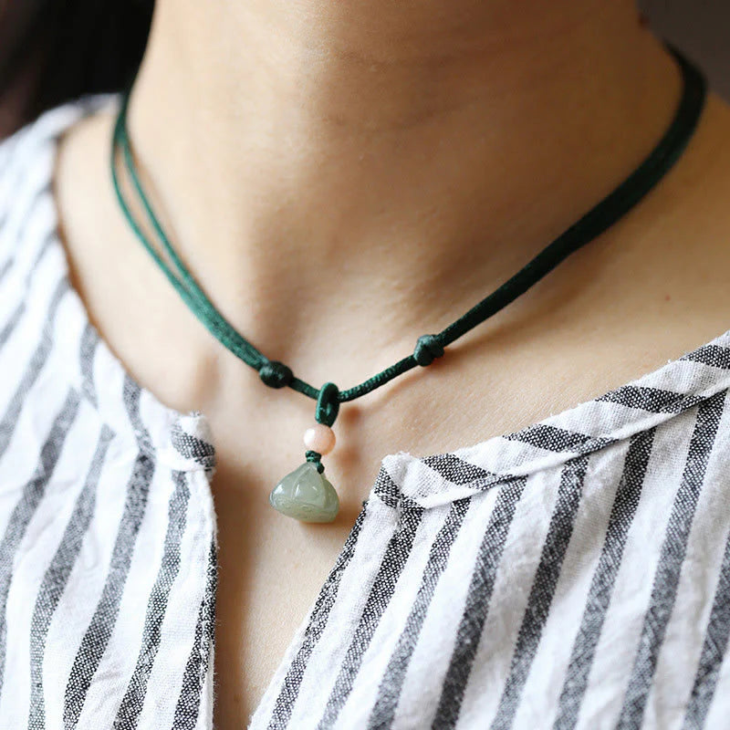 Buddha Stones Natural Round Jade Peace Buckle Lotus Abundance String Necklace Pendant