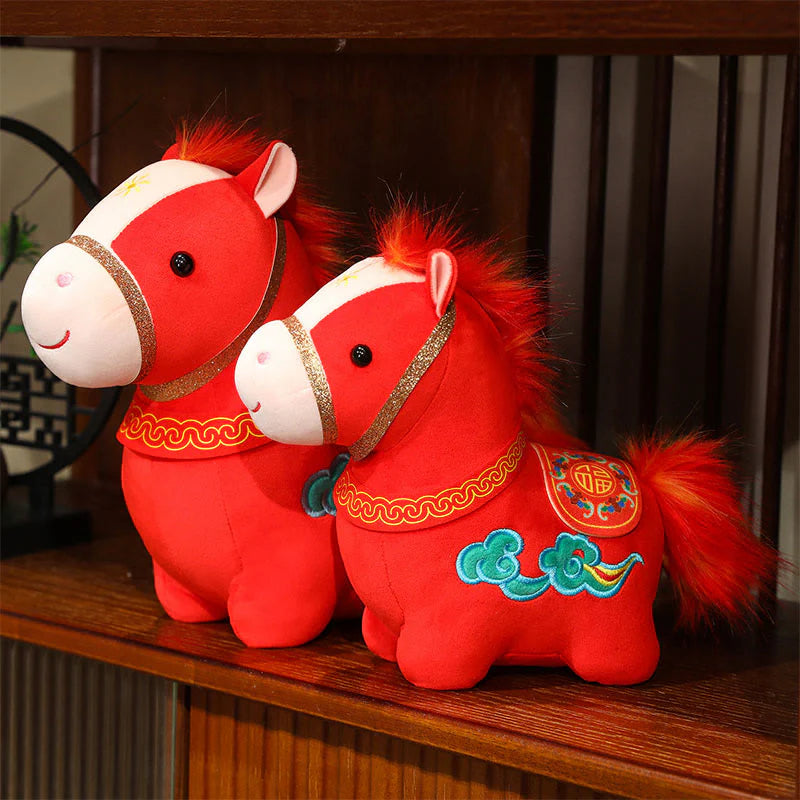 Buddha Stones Year Of The Horse Auspicious Cloud Pattern Stuffed Red Pony Plush Doll Home Decoration