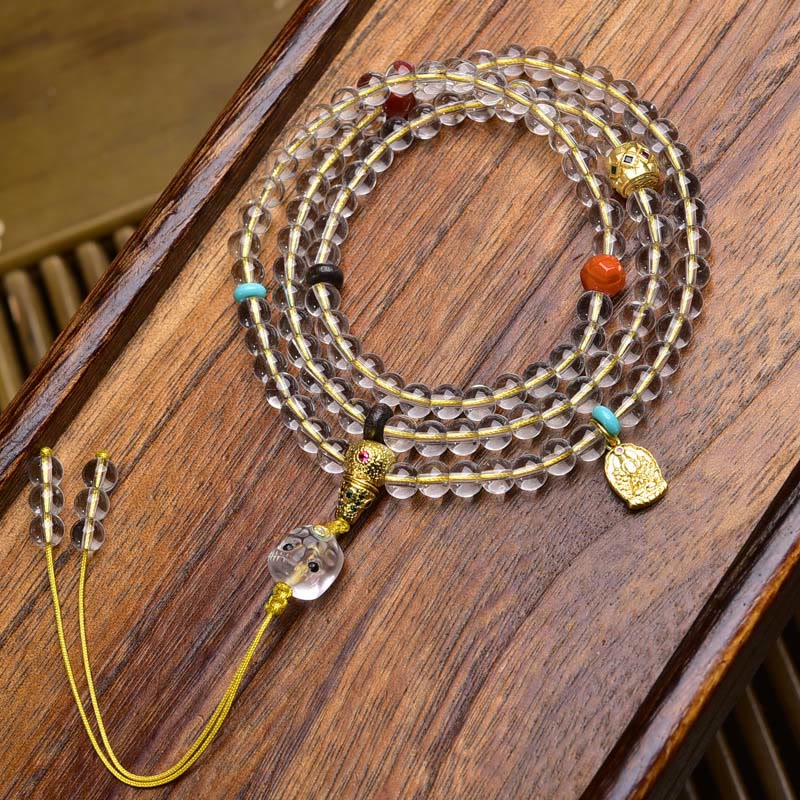 Buddha Stones 108 Beads Liuli Crystal Dzi Bead Agate Blessings Tassel Mala