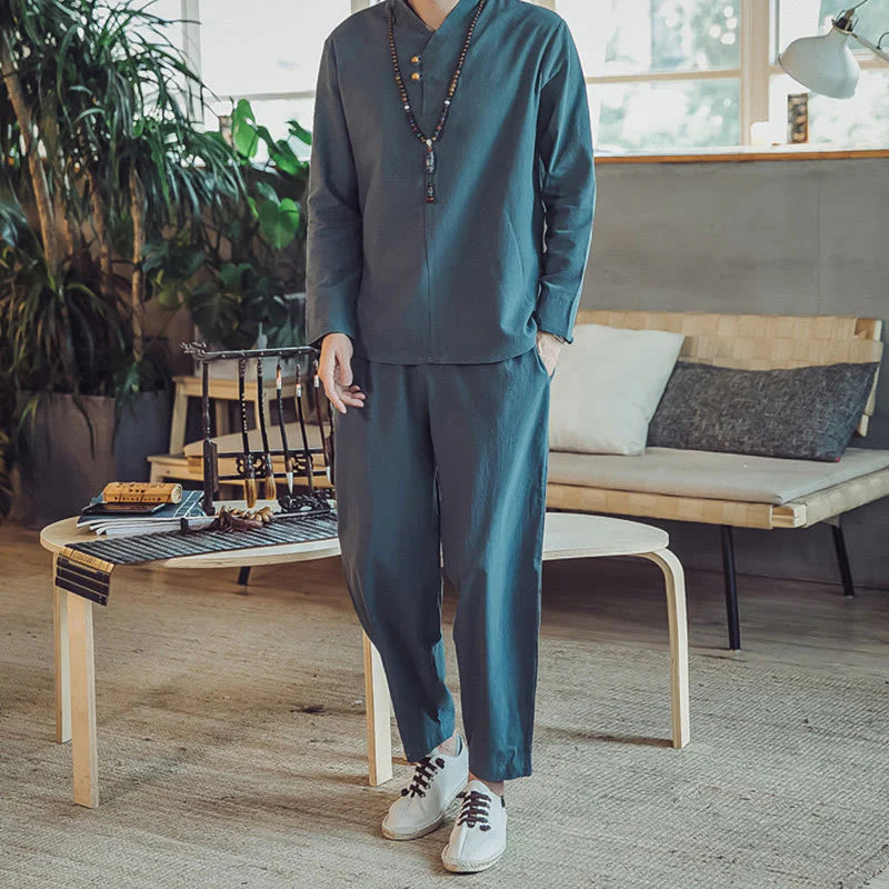 Buddha Stones 2Pcs Shirt Ankle-Length Pants With Pockets Men's Meditation Cloth Set