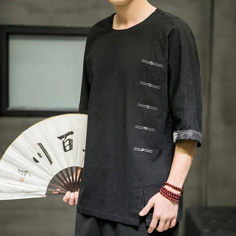 Buddha Stones Summer Retro Solid Color Patchwork Design Men's Three Quarter Sleeve Cotton Linen T-Shirt