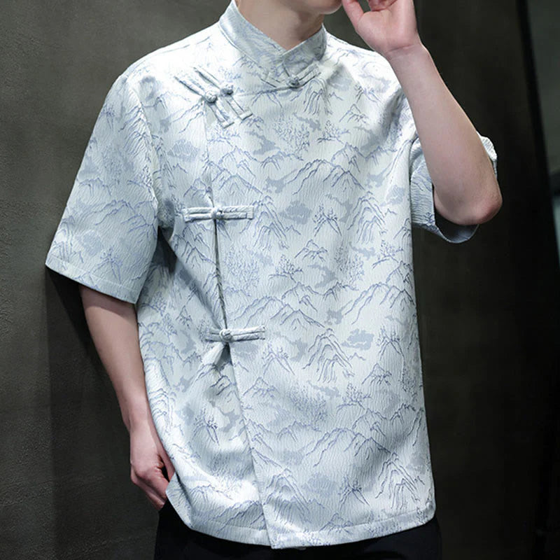 Buddha Stones Summer Mountain Pattern Jacquard Chinese Frog-Button Cotton Short Sleeve Men's Shirt