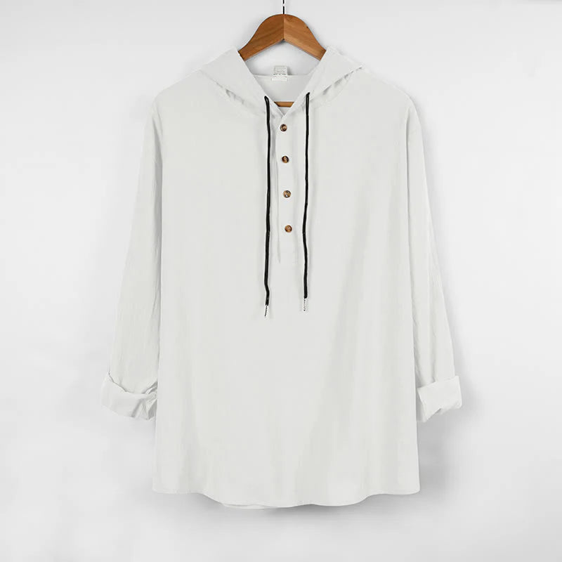 Buddha Stones Solid Color Fall Half Buttons Men's Hooded Long Sleeve Cotton Shirt