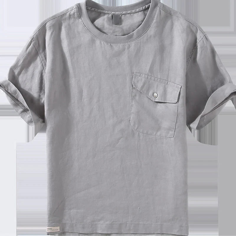 Buddha Stones Crew Neck Simple Design Men's Short Sleeve Linen Shirt With Pocket