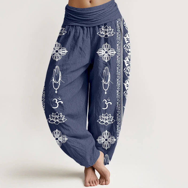 Buddha Stones Pure Cotton Lotus Flowers Double Dorje Vajra Namaste Om Design Women's Elastic Waist Harem Pants