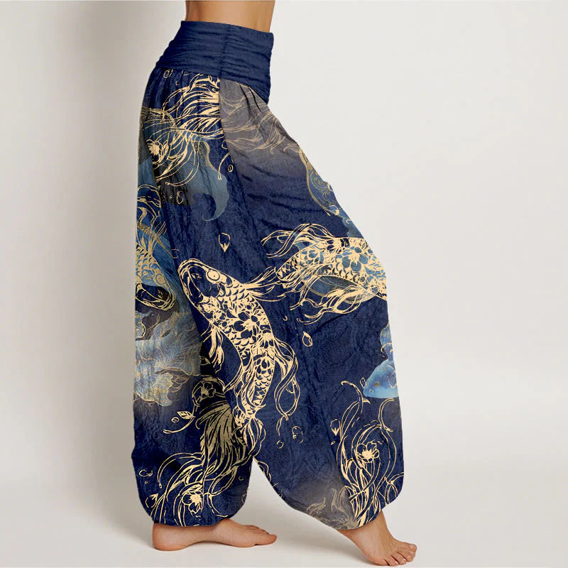 Buddha Stones Pure Cotton Lively Koi Fish Pattern Women's Elastic Waist Harem Pants