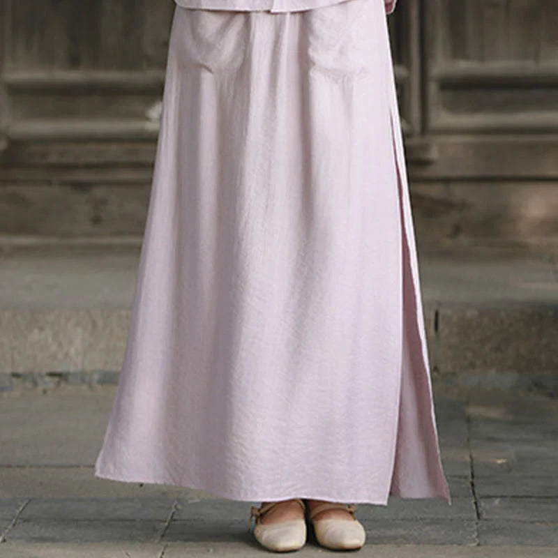 Buddha Stones 2Pcs Buttons Short Sleeve Shirt Top Skirt With Pockets Meditation Cotton Women's Set