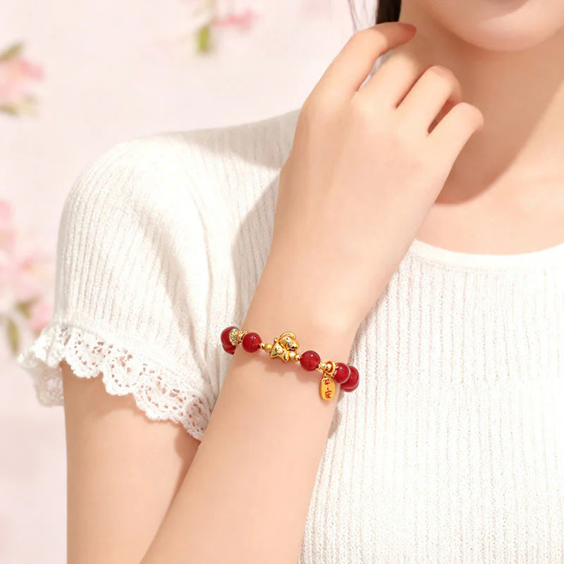 Buddha Stones Year Of The Horse Hetian Jade Black Obsidian Red Agate Strength Bracelet