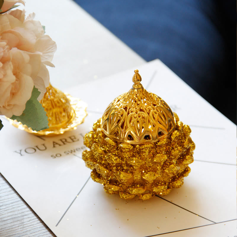 Buddha Stones Gold Pine Cone Pattern Spiritual Rituals Mini Incense Burner Home Tabletop Decor