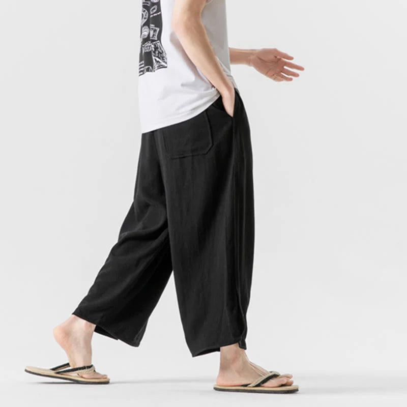 Buddha Stones Summer Plain Drawstring Design Linen Cotton Men's 7-8 Length Pants With Pockets