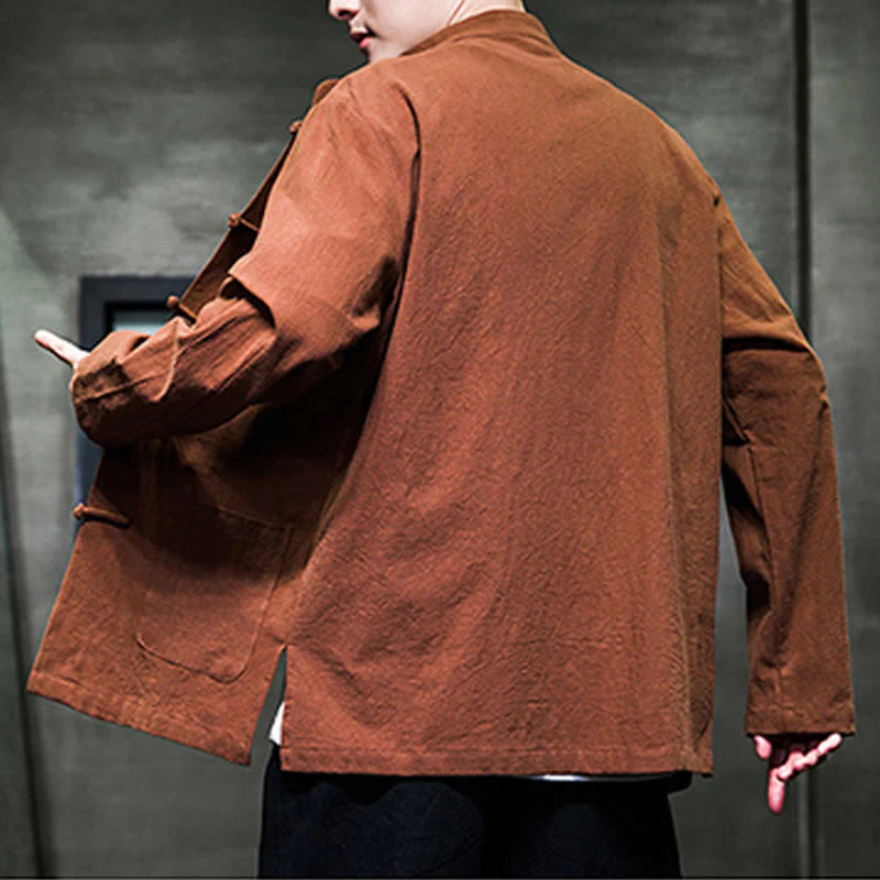 Buddha Stones Solid Color Frog-button Tang Suit Cotton Linen Men's Jacket Shirt With Pockets