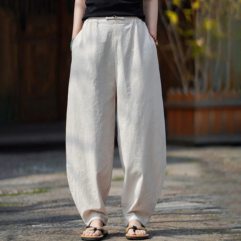 Buddha Stones Summer Plain One Chinese Frog-Button Straight Leg Design Men's Cotton Linen Pants With Pockets