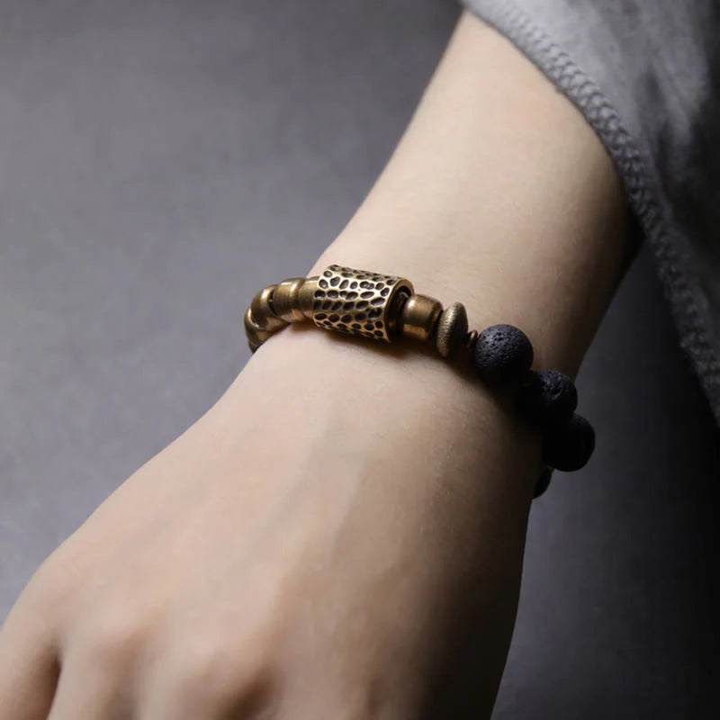 Buddha Stones Lava Rock Stone Rainbow Obsidian Brass Support Healing Bracelet